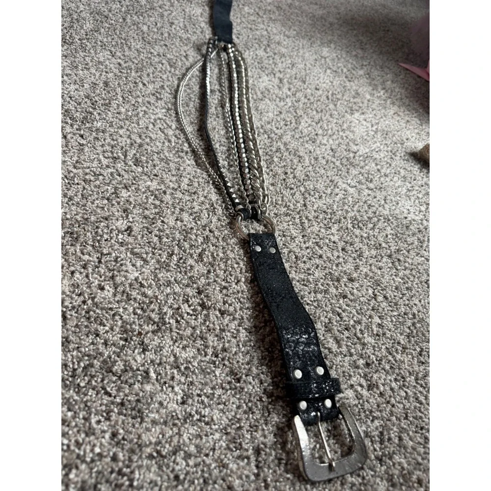 Leatherock USA Black Leather Multi Strand Chain Belt Western Rocker Silver 34